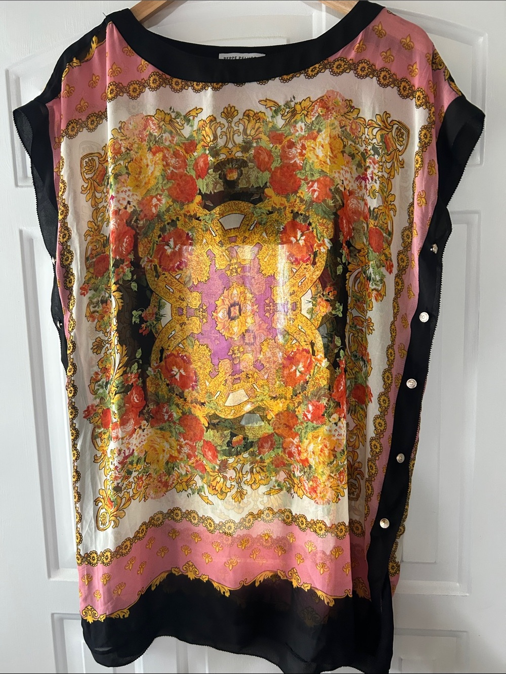 Peppe Peluso Pink, Gold & Black Floral Silk-Feel Tunic